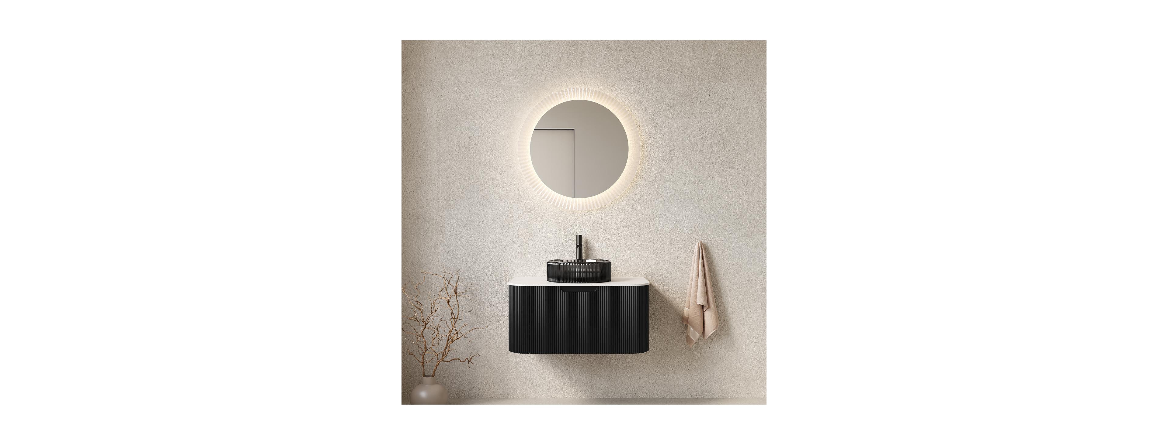 Sillysis Wall Mounted Bathroom Vanity with Glass Vessel Sink, 3D Stripe Plywood Cabinet, Soft Close Drawer