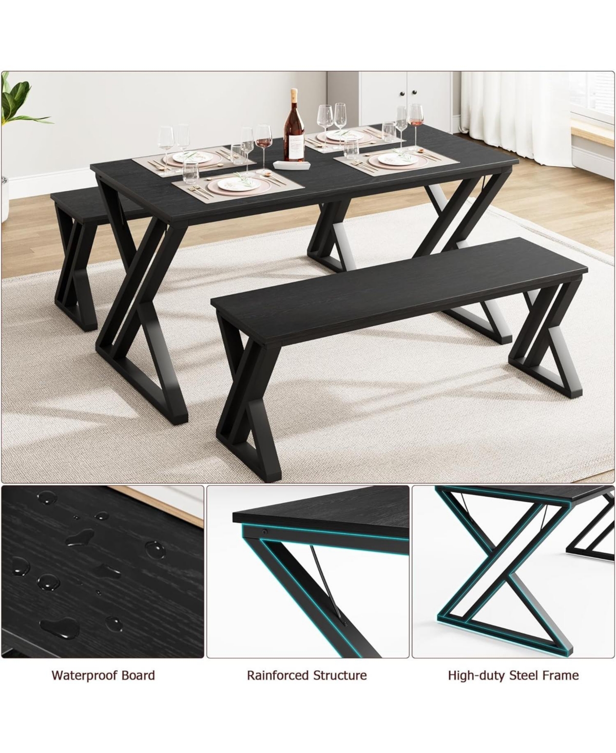 gaomon 55" Dining Table Set for 4 with 2 Benches, Metal Frame
