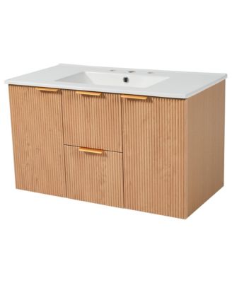 36 Inch Single Sink Bathroom Vanity with Ceramic Top MDF Cabinet Soft Close Doors Divided Drawers Wall Mounted Modern Storage