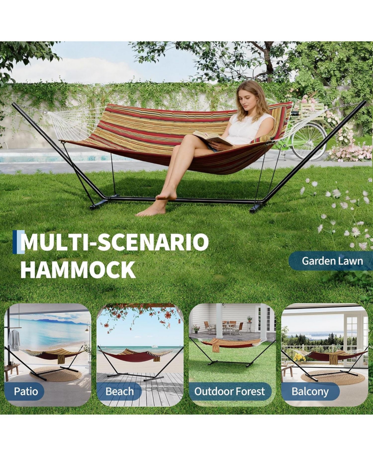 gaomon 2 Person Hammock with Stand for Outside, Double Hammock with Stand and Pillow, Max 450 Lbs Capacity with Balance Rope