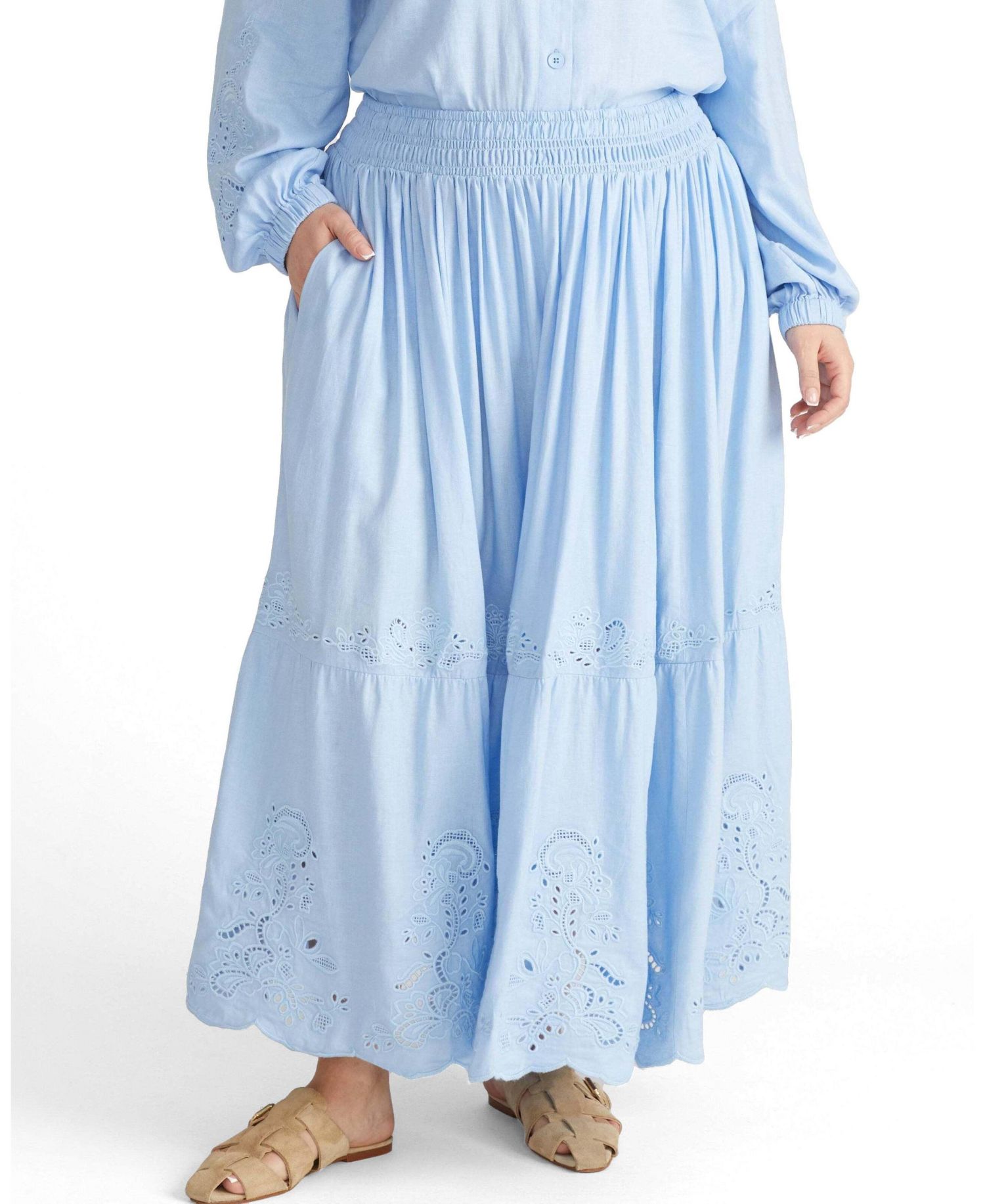 Plus Size Tosca Embroidered Linen Blend Maxi Skirt