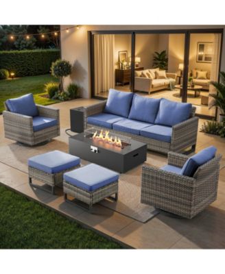 7 Pieces Patio Furniture Sets with Fire Pit Table Set, Wicker Rattan Outdoor Swivel Rocking Chairs Set with 3-Seat Couch and Ottomans