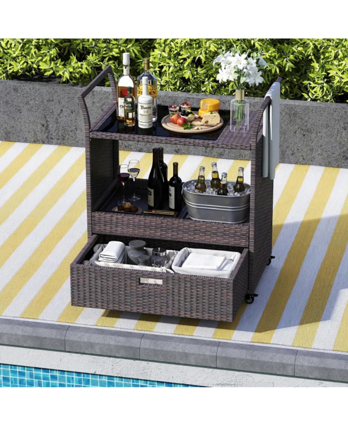 Yiortwo Outdoor Wicker Bar Cart with Tempered Glass Top Rolling Patio Serving Cart with Storage Drawer