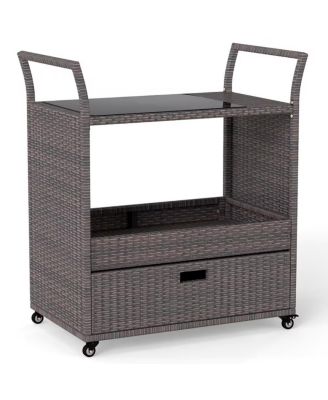 Outdoor Wicker Bar Cart with Tempered Glass Top Rolling Patio Serving Cart with Storage Drawer