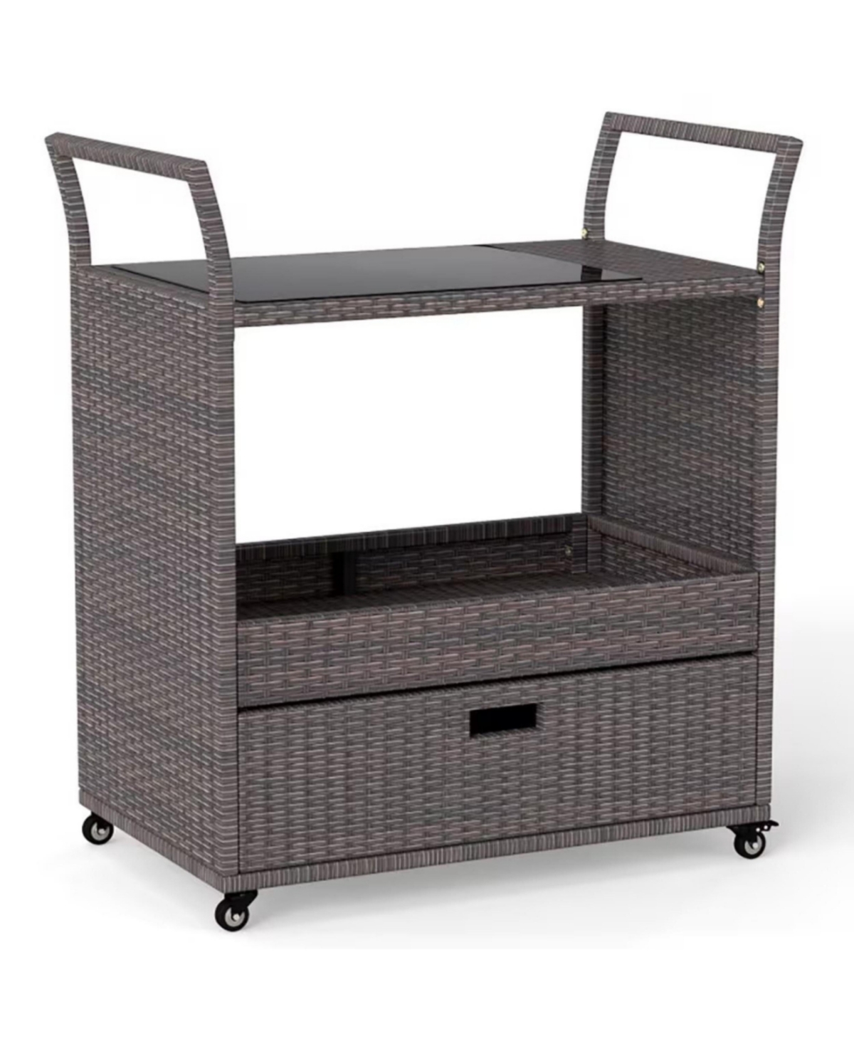 Yiortwo Outdoor Wicker Bar Cart with Tempered Glass Top Rolling Patio Serving Cart with Storage Drawer
