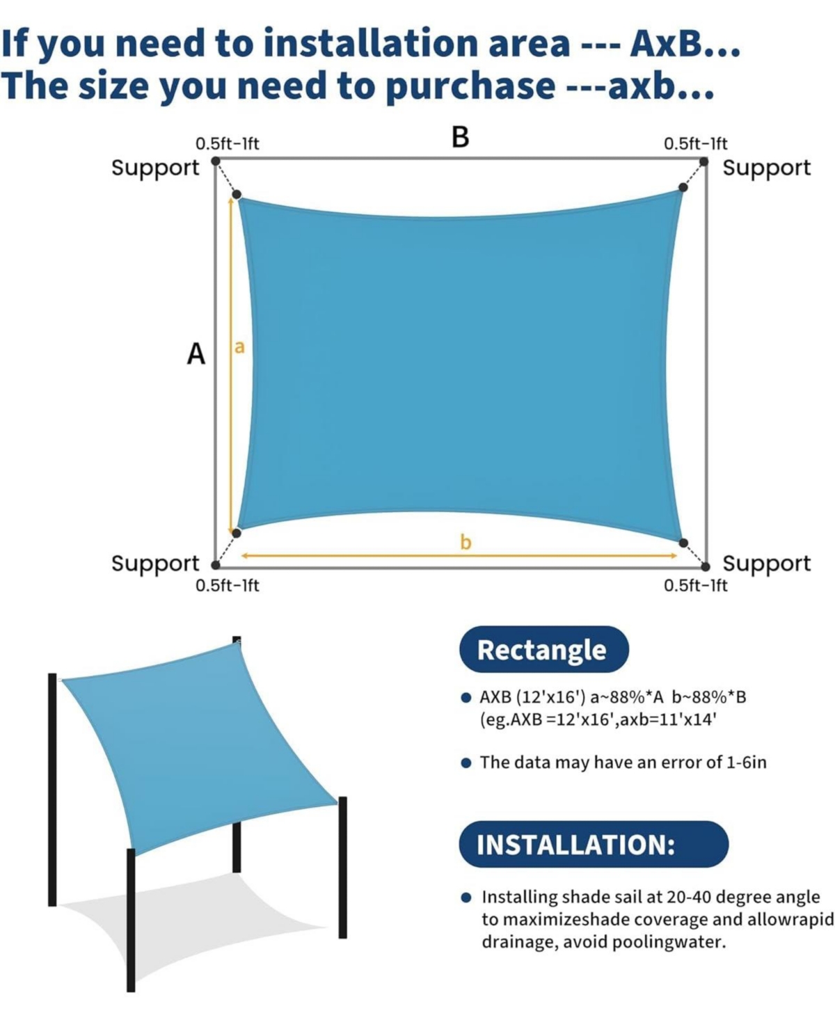 gaomon 12 x 16 Feet Rectangle Sun Shade Sail, Uv Block Outdoor Canopy for Patio, Deck, Garden and Backyard