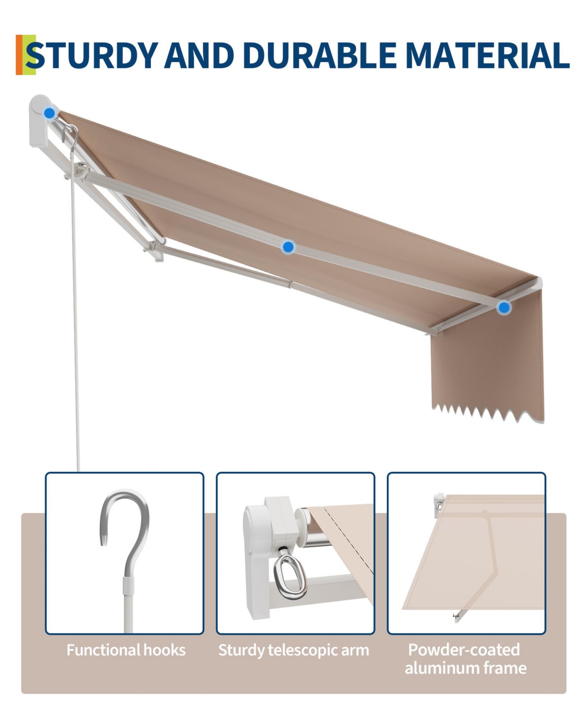 gaomon Manual Retractable Patio Awning with Crank Handle, Adjustable Shade and Aluminum Frame for Deck, Garden or Balcony
