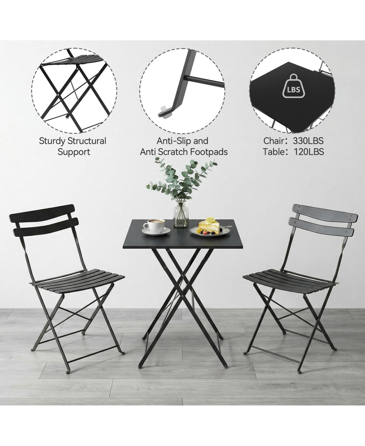 gaomon 3-Piece Folding Patio Bistro Set with Square Table and 2 Chairs, Metal Outdoor Seating for Balcony, Garden, Porch