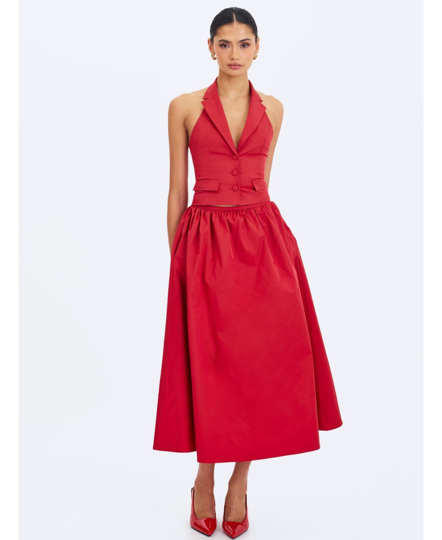 Women's Ursella Crimson Halter Single-Breasted Lapel Top