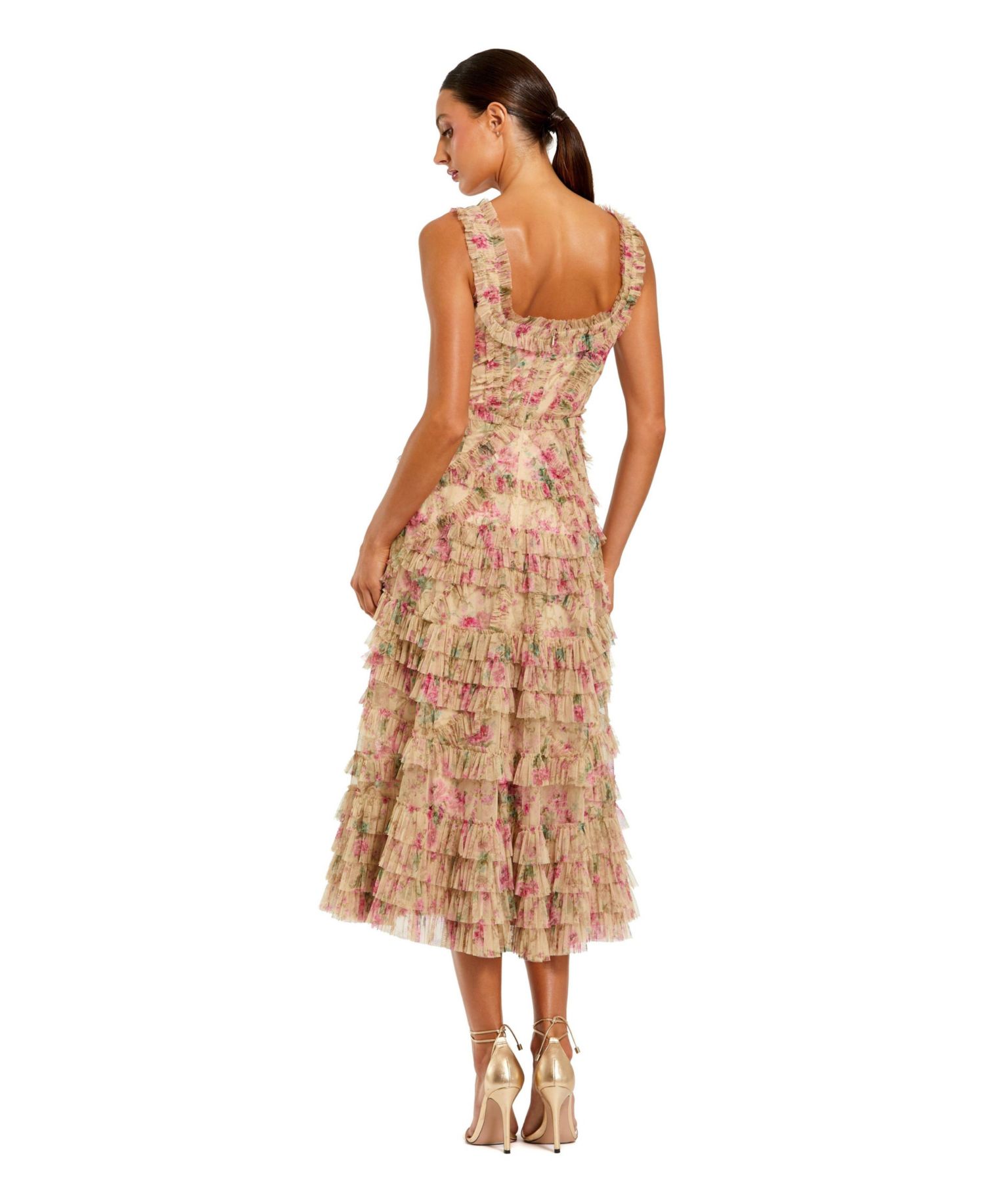 Women's Floral Printed Sleeveless Ruffle Midi Dress