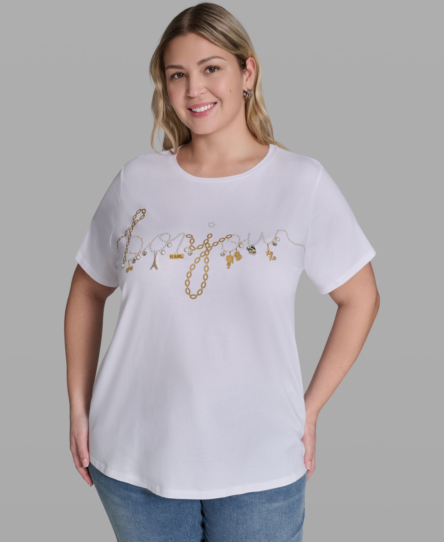 Женская футболка KARL LAGERFELD PARIS Plus Size Script Bonjour, цвет: Белый — фото 1