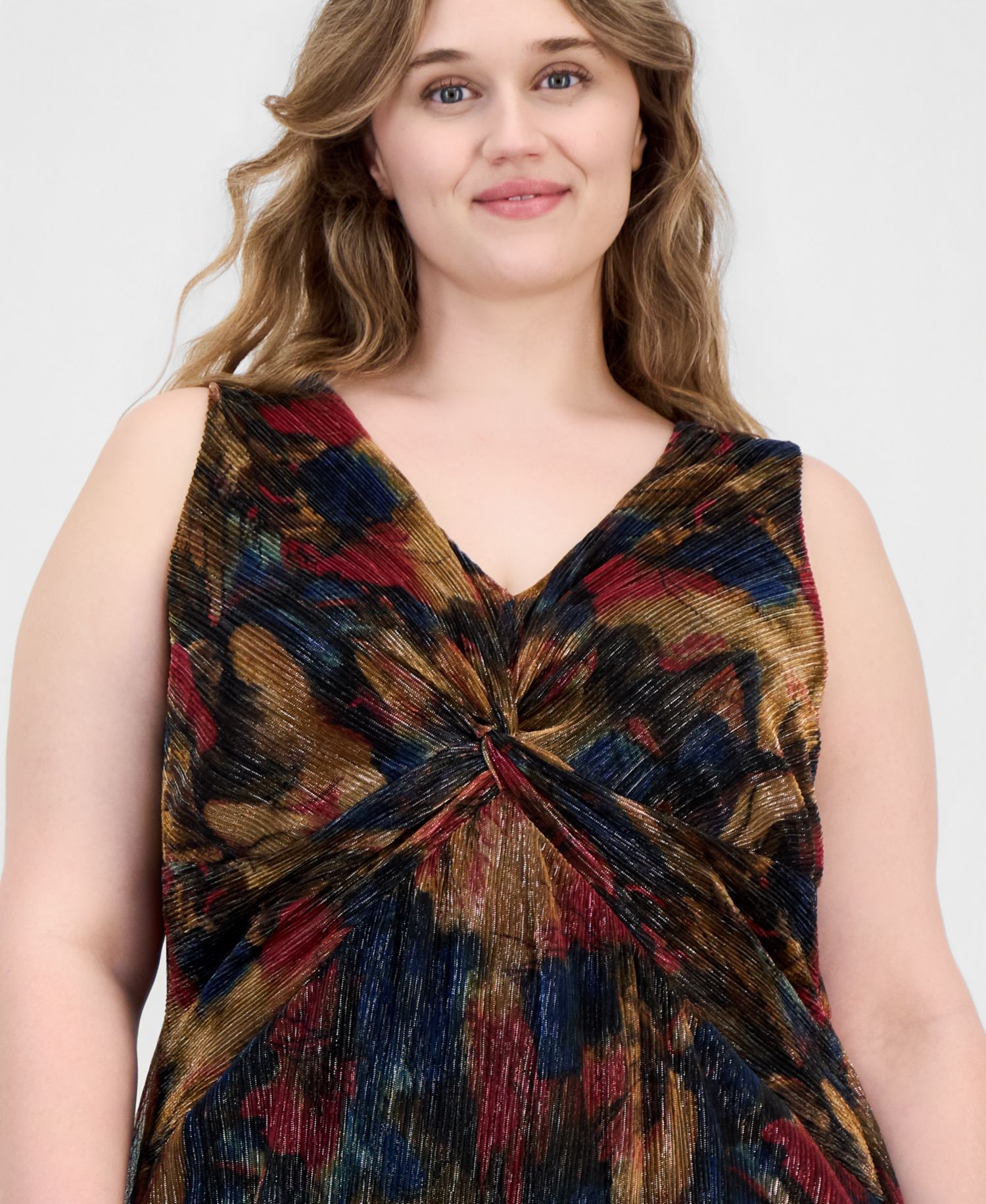 Plus Size Metallic-Print Twist-Front Sleeveless Dress