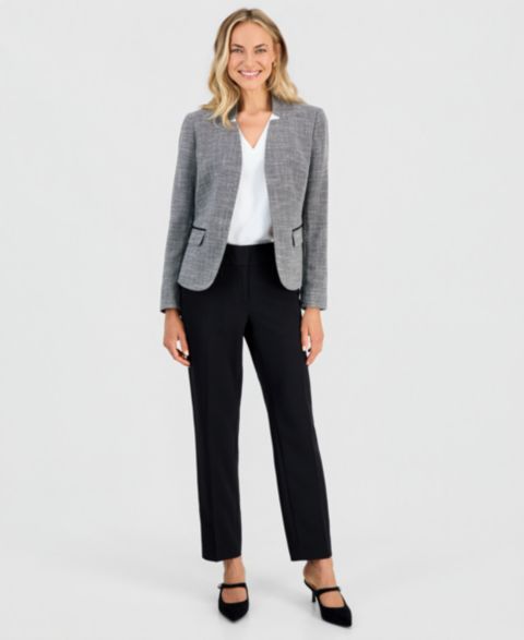 Женская куртка Kasper Cutout-Collar Long-Sleeve Tweed Jacket, Pleat-Neck Sleeveless Blouse & Ava Straight-Leg Zip-Pocket Pants, цвет: Чёрный