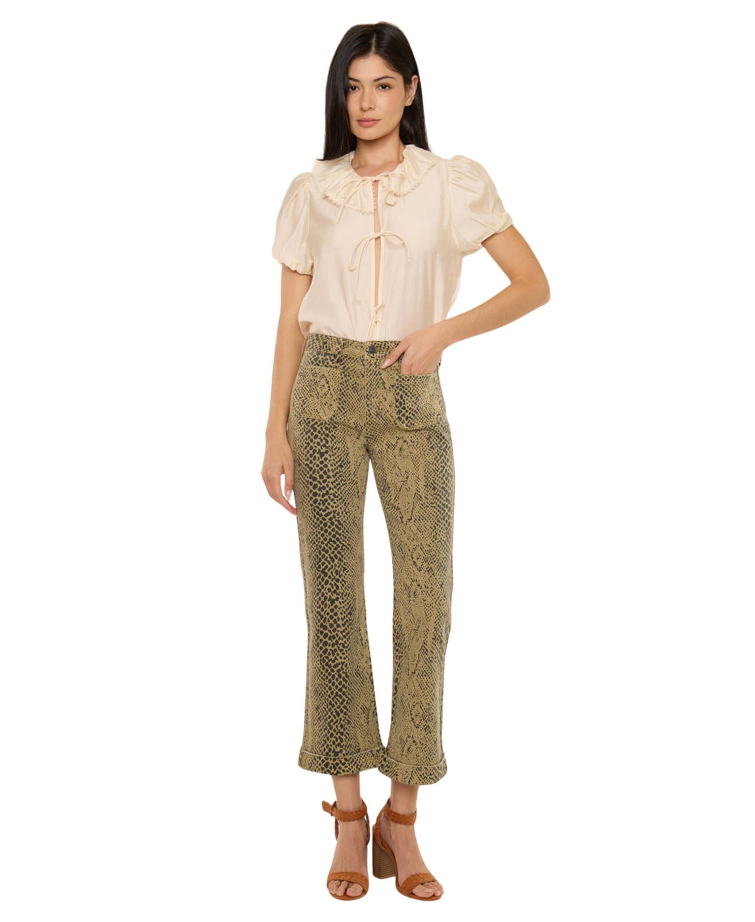 Women's USA Juniors' High Rise Crop Flare Python Print Jeans