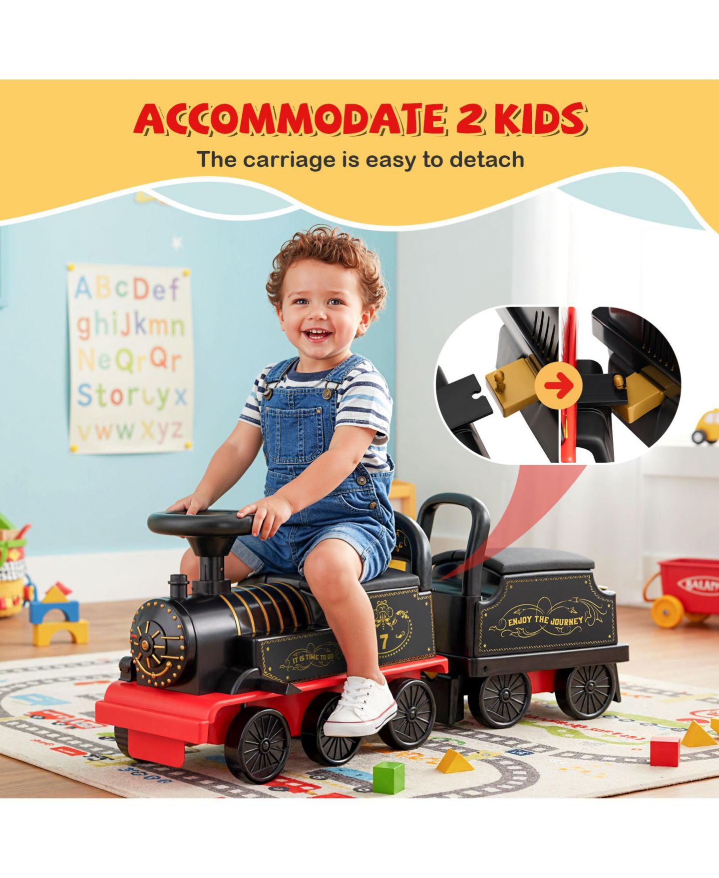 Детская игрушка Gymax Ride on Train 6V Battery Powered Ride on Toy with Under-Seat Storage and Carriage, цвет: Чёрный — фото 5