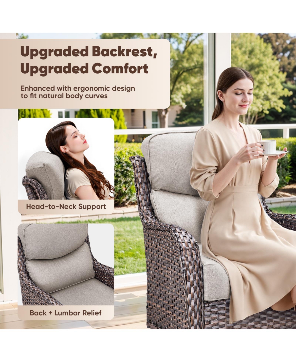 Pocassy High Back Patio Furniture Set with Swivel Chairs, Outdoor Wicker Conversation Sets 6" Comfy Cushions, 4 Piece Outside Sofa