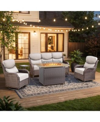 5 Pieces Patio Furniture Set with Fire Pit, Outdoor Wicker Sofa Couch with Swivel Chair, Cushion, High Back All Weather Conversation Set