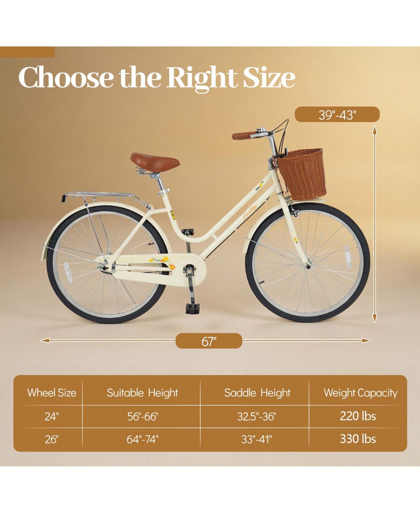 Детская игрушка Gymax Beach Cruiser Adjustable-Seat Bike, Ages 8+, цвет: Светлый бежевый — фото 3