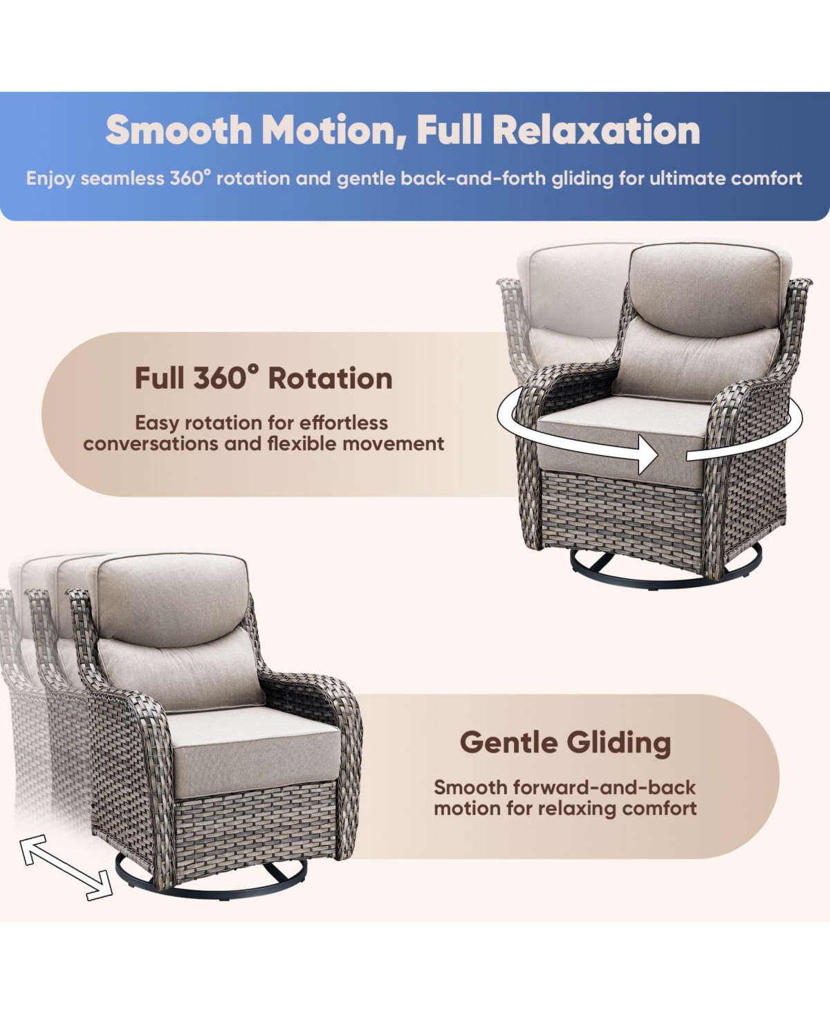 Pocassy 6 Pieces Outdoor Patio Furniture Sets with Rocking Swivel Chairs Thick Cushion and Side Table