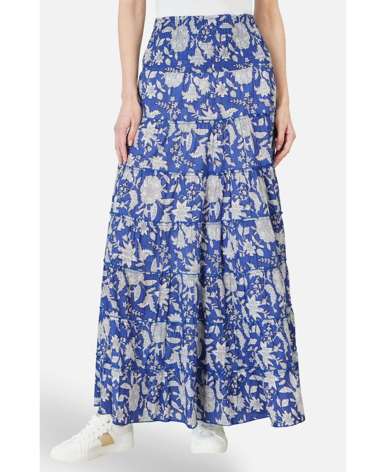 Women's Floral Cotton Tiered Maxi Skirt
