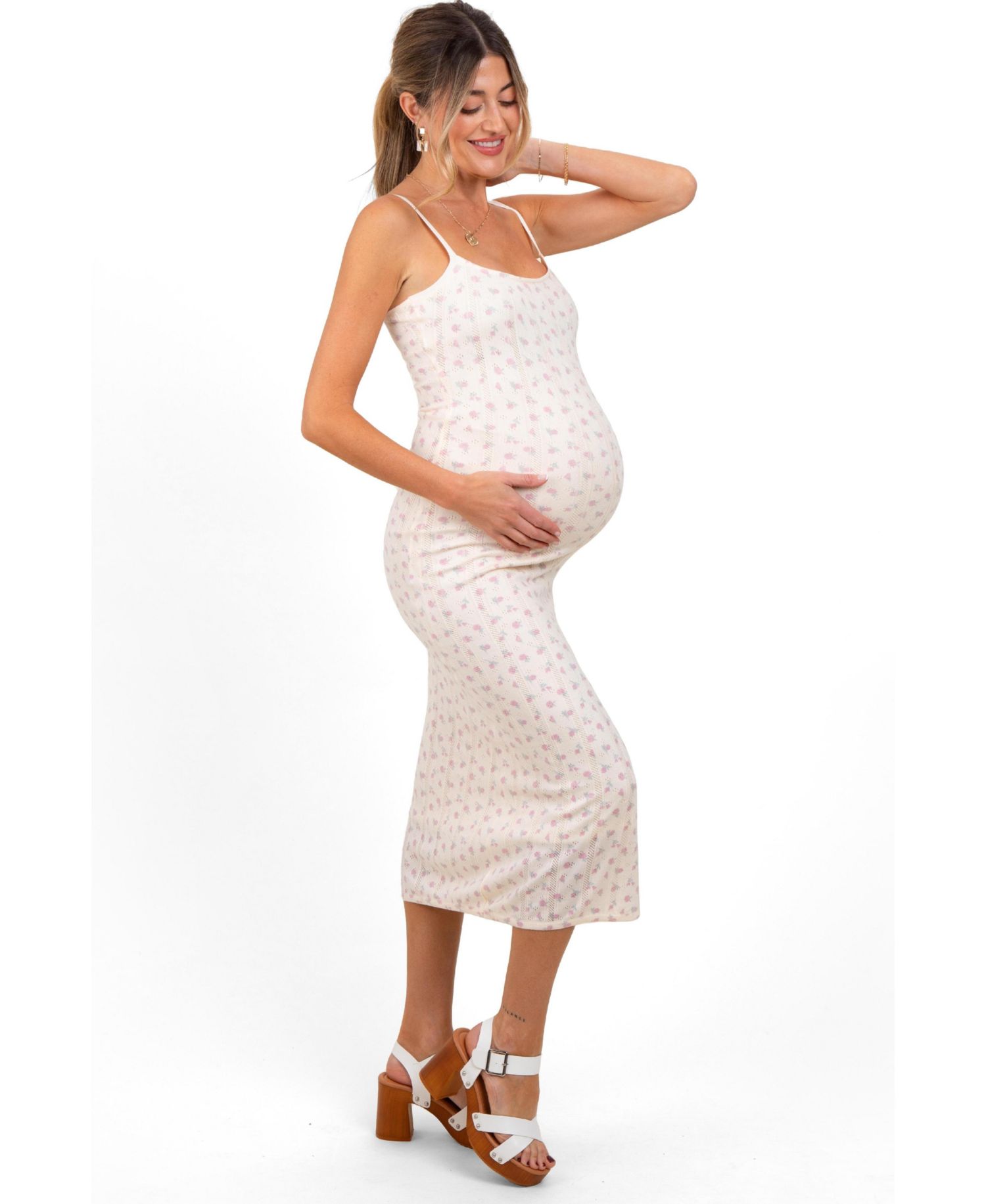 Women's Ivory Floral Pointelle Knit Midi Dress