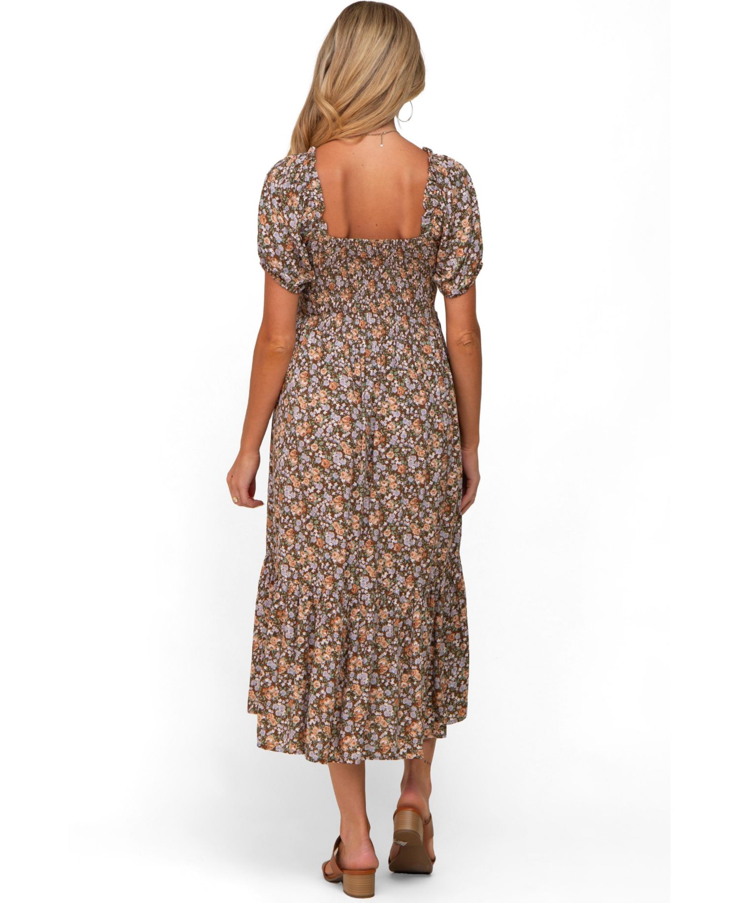 Women's Pink Floral Smocked Puff Sleeve Midi Dress