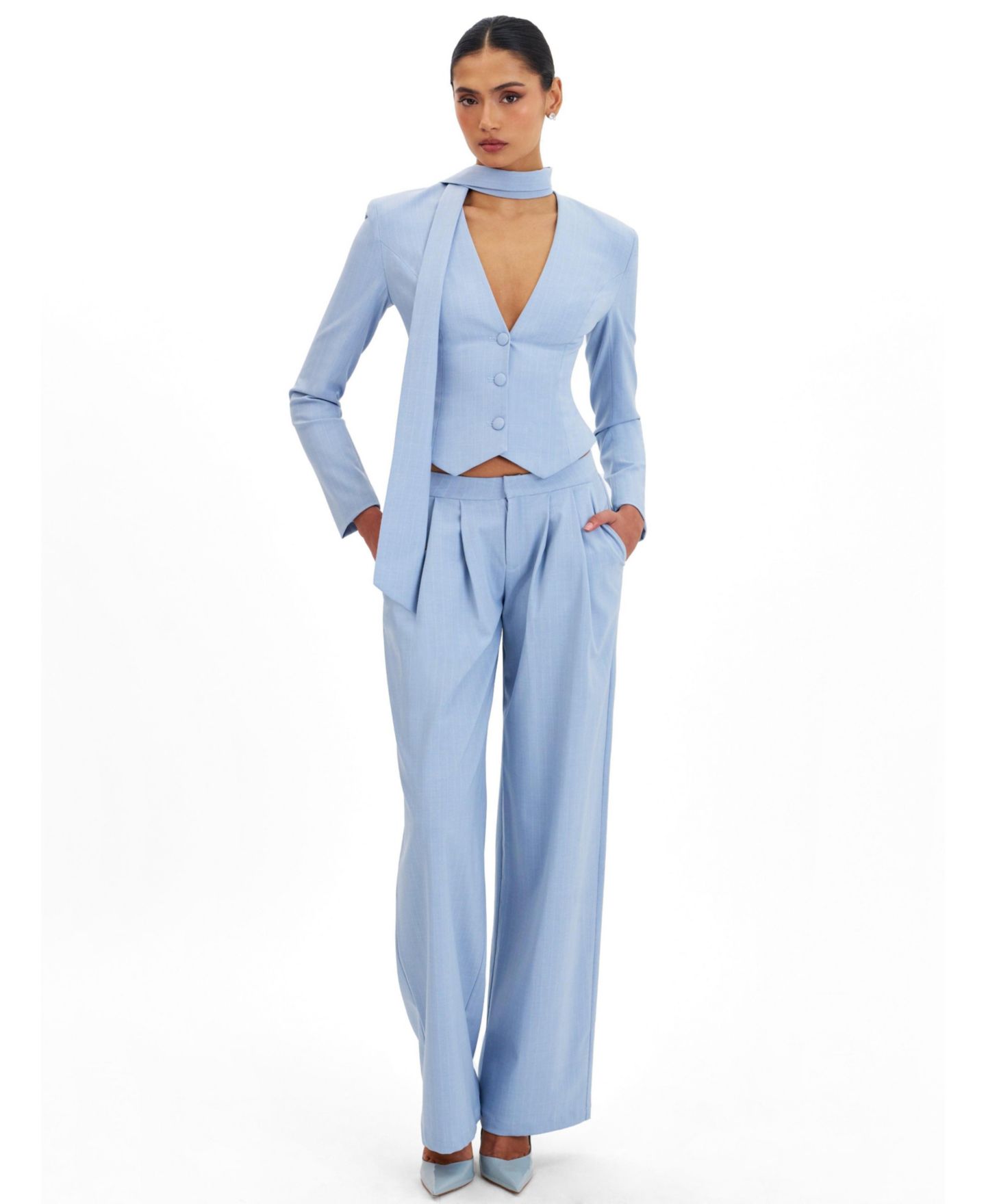 Женский пиджак Miss Circle Renley Sky Blue Pinstripe Peplum Blazer, цвет: Светлый синий — фото 2