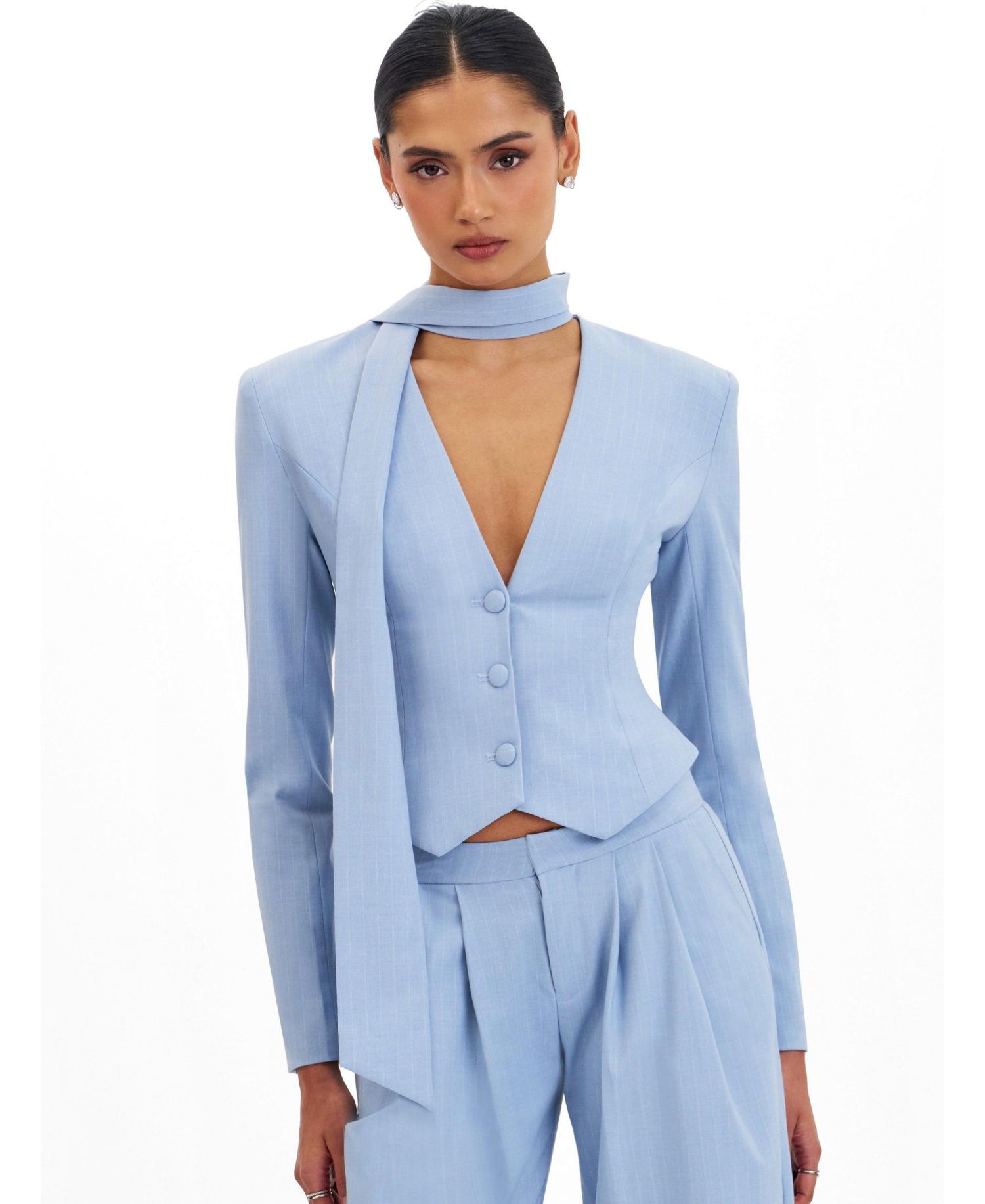 Women's Renley Sky Blue Pinstripe Peplum Blazer