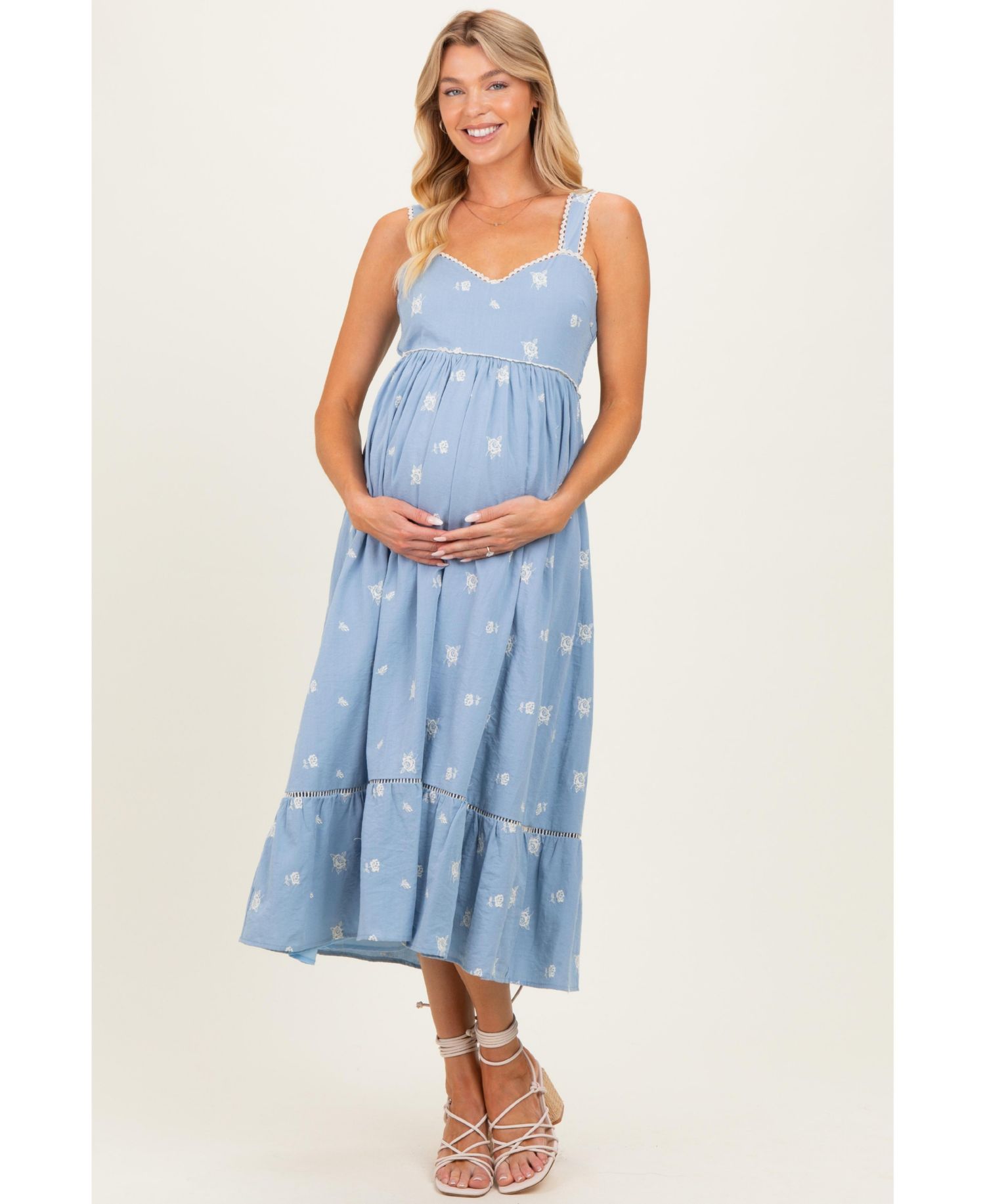 Women's Light Blue Vintage Floral Smocked Midi Dress