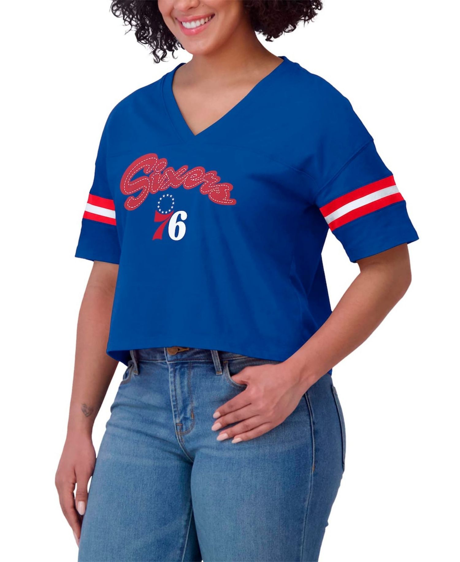 Women's Royal Philadelphia 76ers Plus Size Color Block Boxy V-Neck T-Shirt
