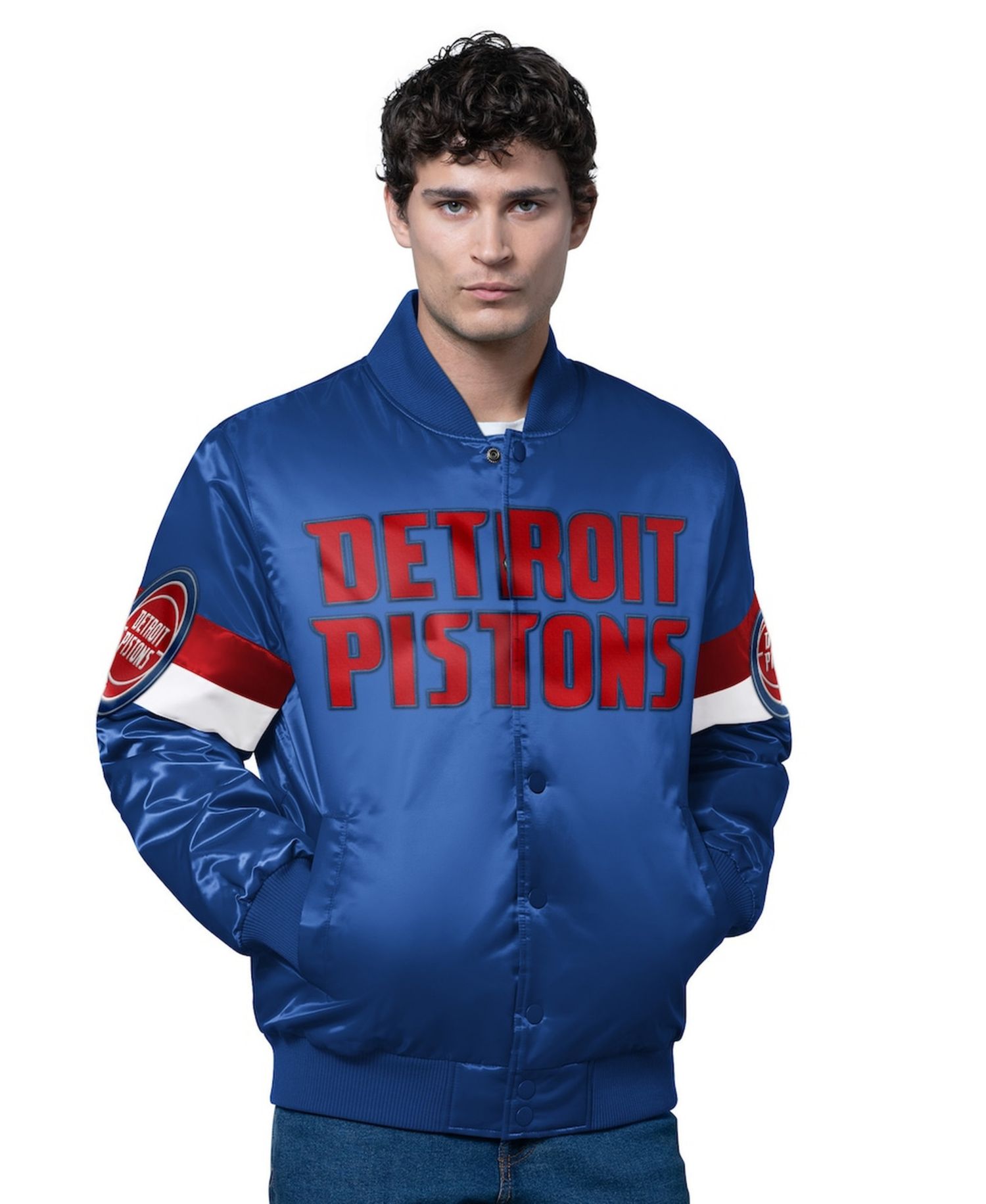 Men's Blue Detroit Pistons Triple Option Varsity Full-Snap Satin Jacket