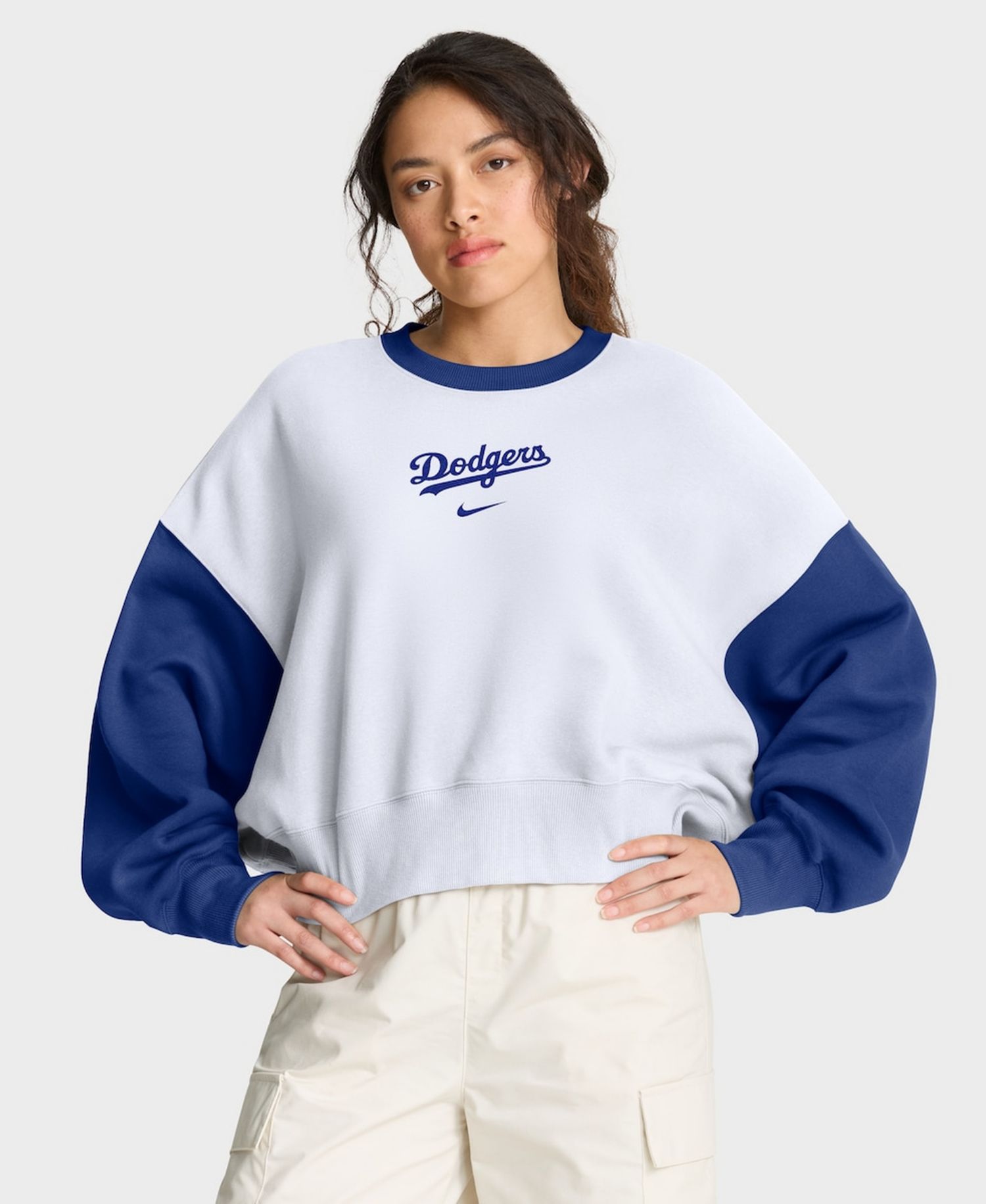 Women's White/Royal Los Angeles Dodgers Oversized High Hip Fleece Sweatshirt