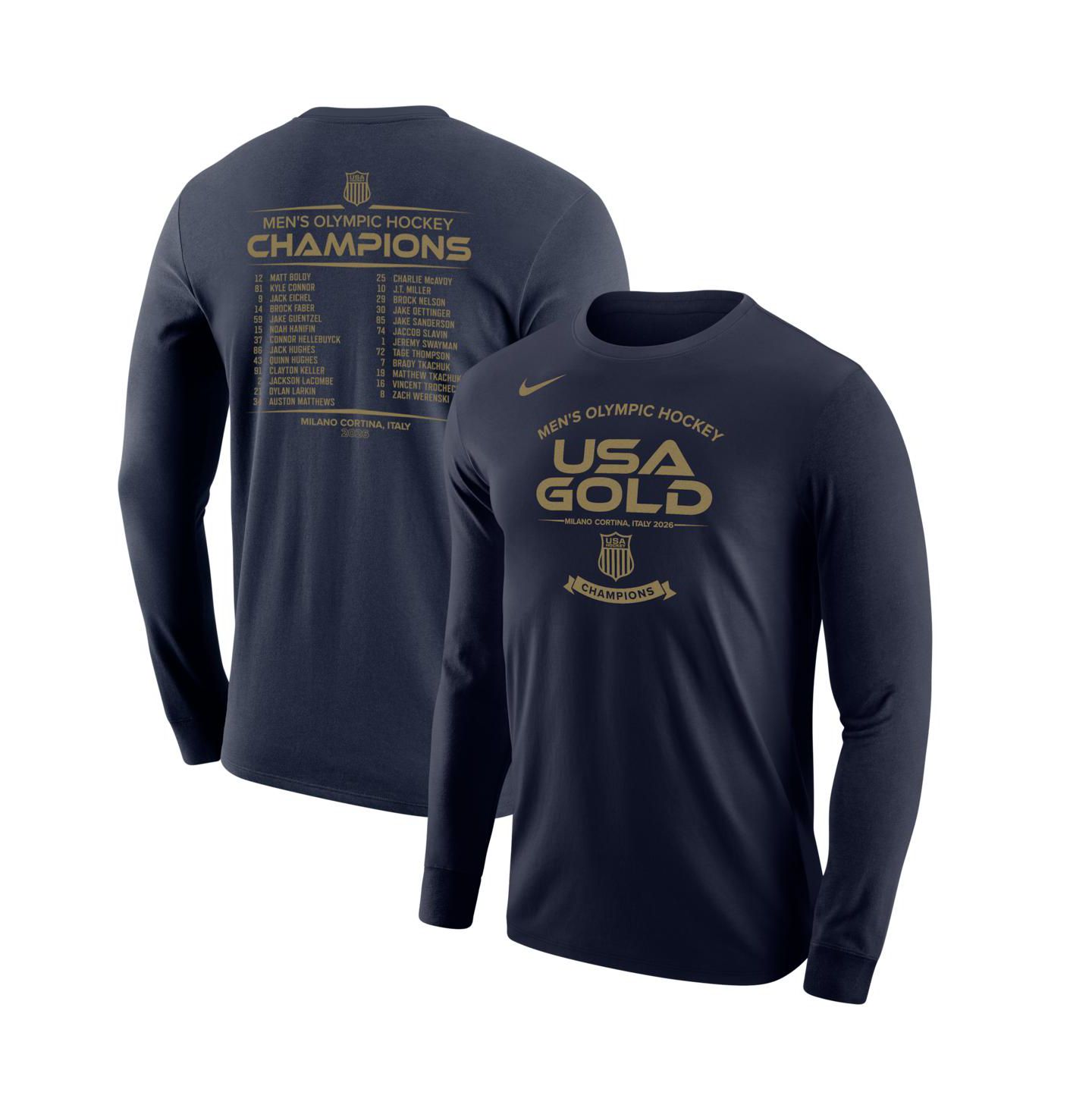 Мужская футболка Nike Navy USA Hockey 2026 Winter Olympics Gold Medal Roster Long Sleeve — фото 1