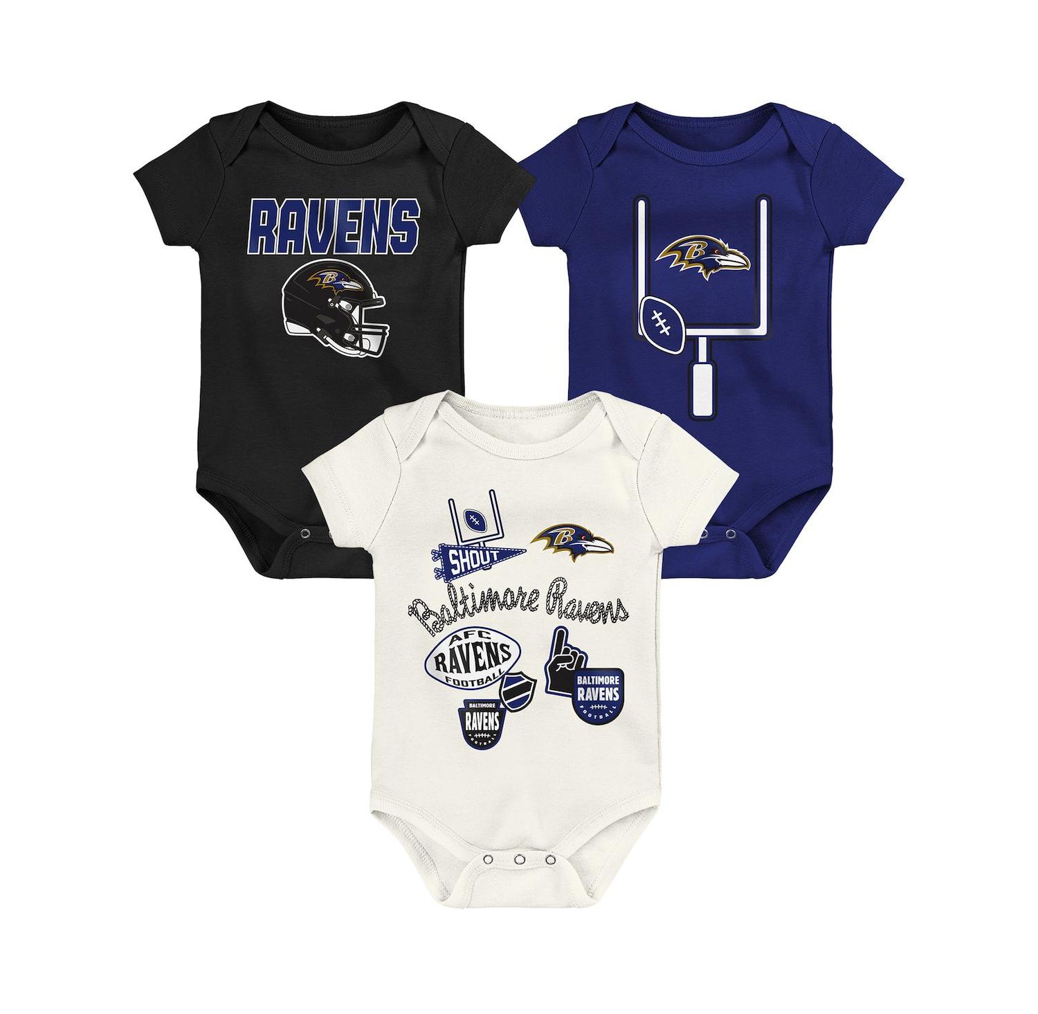 Baby Boys and Girls 3-Pack Baltimore Ravens Littlest Player Bodysuit Set