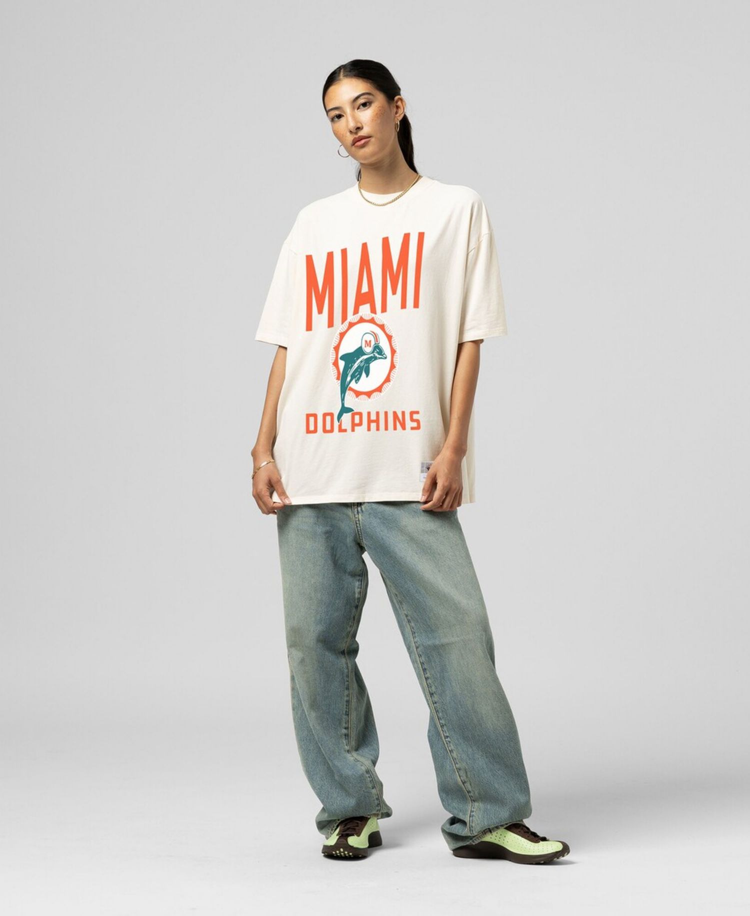 Women's Cream Miami Dolphins Logo Rise Boyfriend T-Shirt