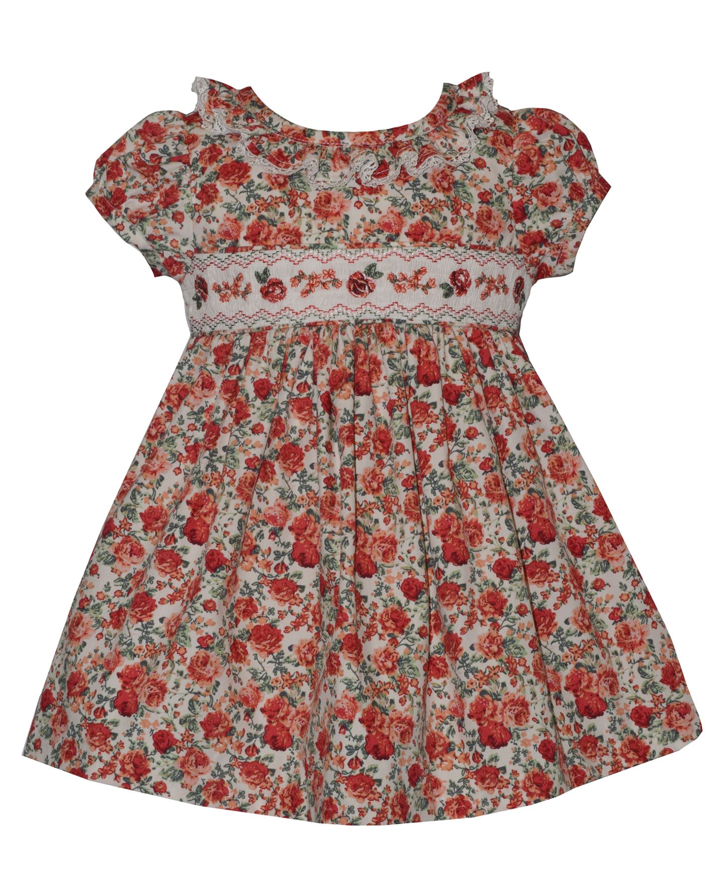 Платье Bonnie Baby Smocked Roses Short-Sleeve Dress для девочек-малышей, цвет: Слоновая кость / Красный — фото 1