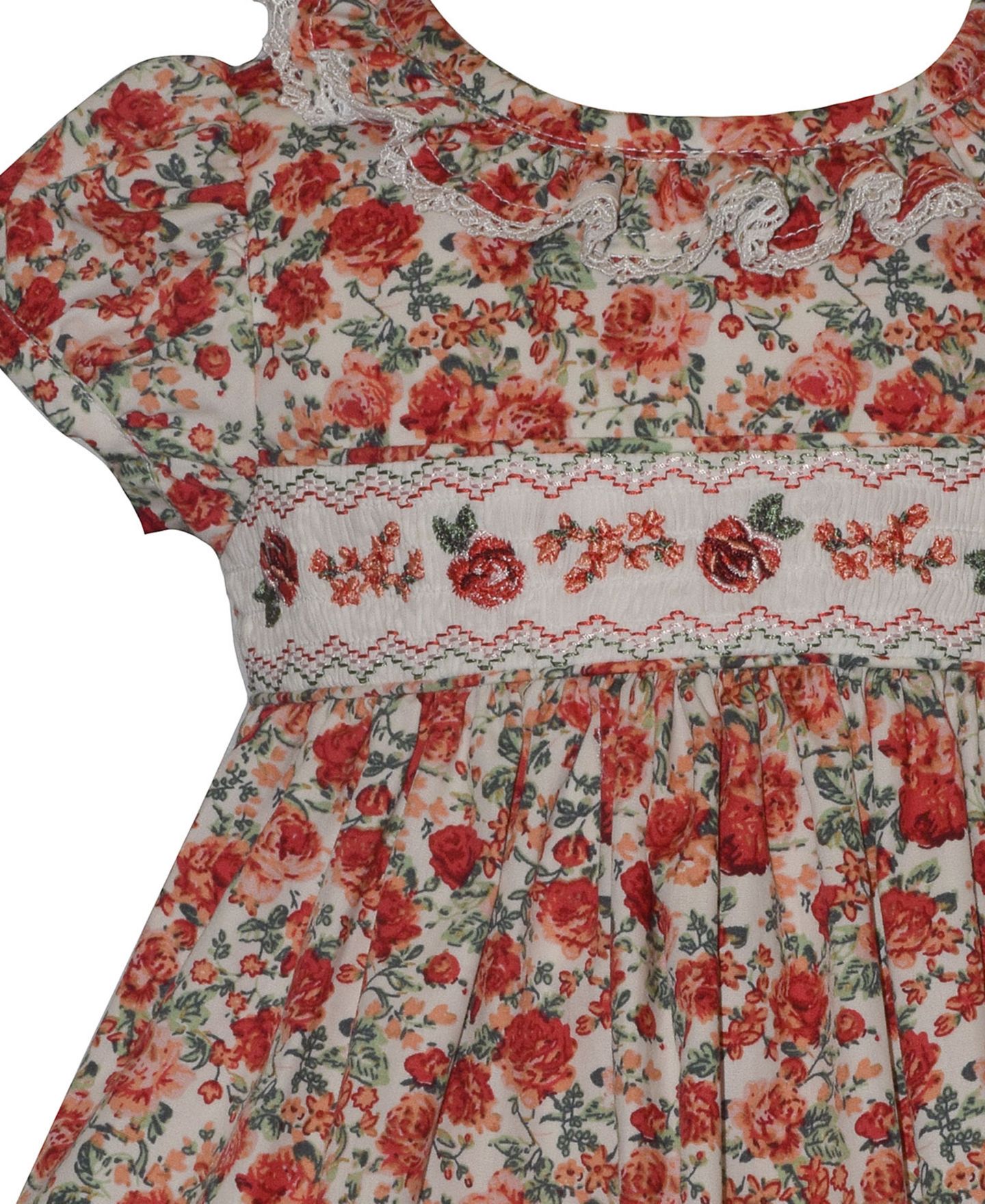 Платье Bonnie Baby Smocked Roses Short-Sleeve Dress для девочек-малышей, цвет: Слоновая кость / Красный — фото 3