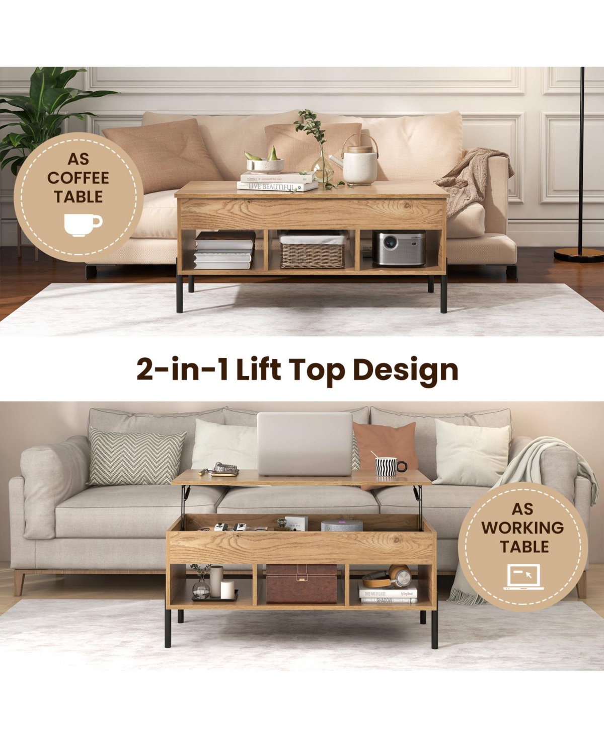 sumyeg Living Room Central Table with Lifting Tabletop and Metal Legs