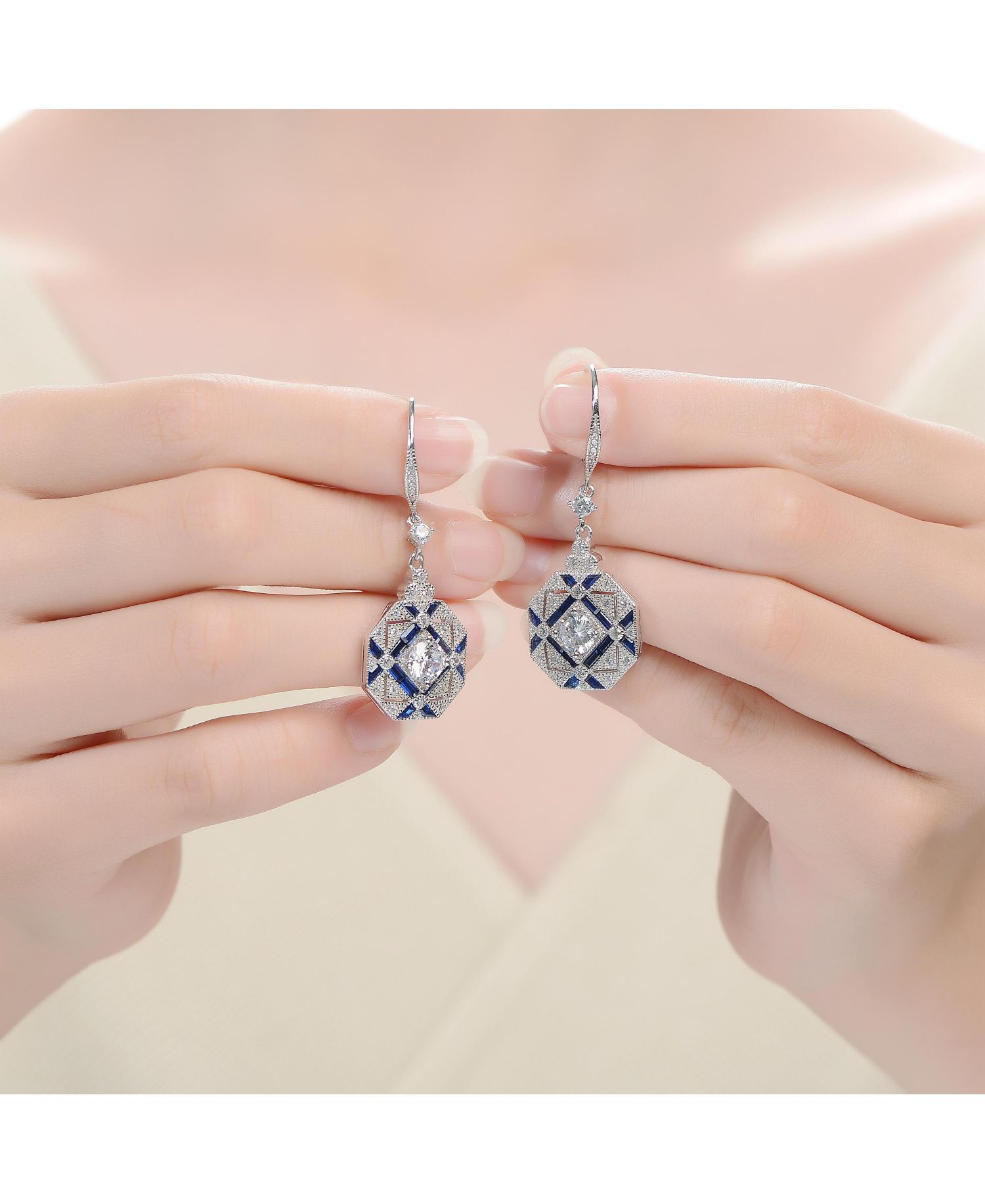 White Gold Plated Geometric CZ Statement Drop Earrings