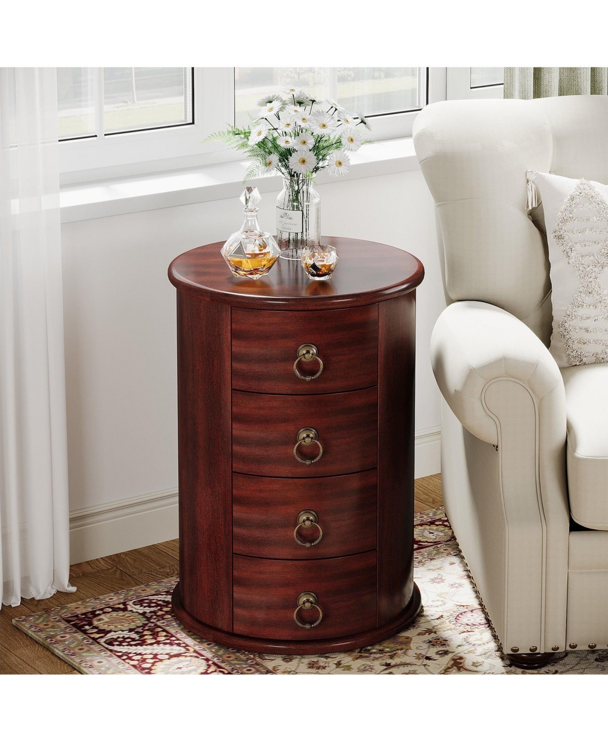 Slickblue Round Wood End Table with 4 Drawers for Living Room