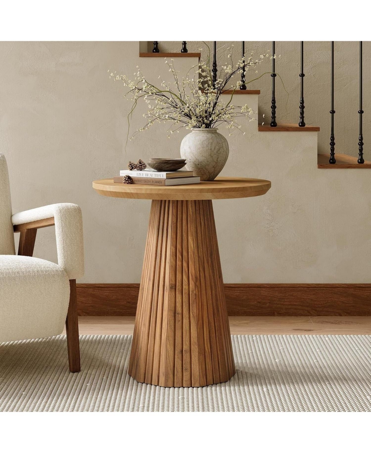 Slickblue Solid Wood Accent End Table with Round Top and Fluted Base