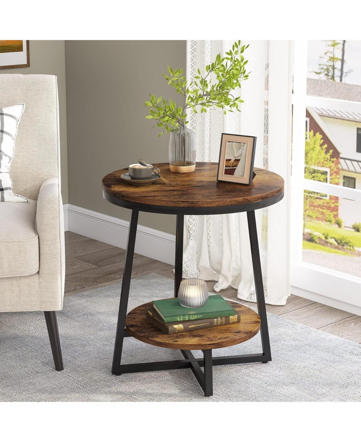 Slickblue Round Accent Bedside Table with 2 Tier Storage Shelf and Metal Frame