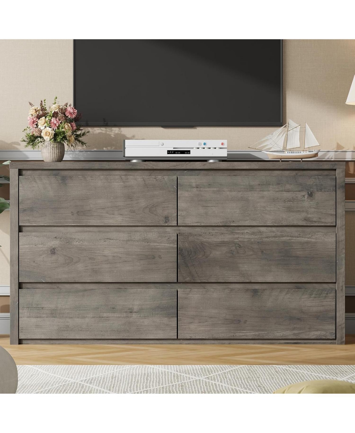 homfan Modern Handle-Free 6 Drawer Dresser for Bedroom - Wide Wooden Chest of Drawers - Spacious Storage Cabinet for Living Room, Hallway, Entryway -