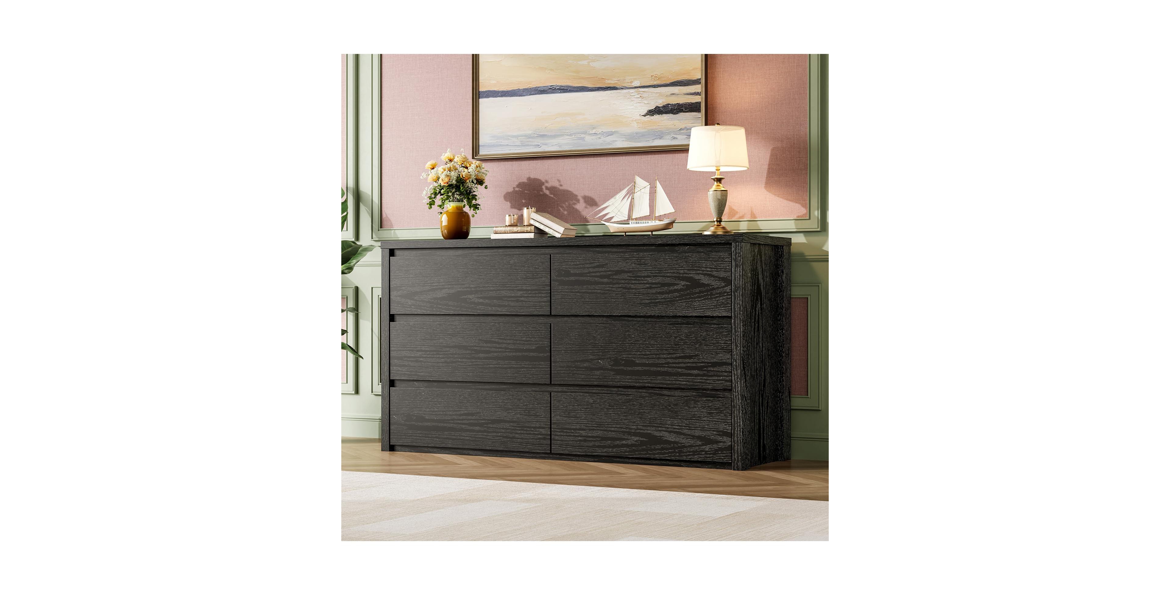 homfan Modern Handle-Free 6 Drawer Dresser for Bedroom - Wide Wooden Chest of Drawers Spacious Storage Cabinet Living Room, Hallway, Entryway