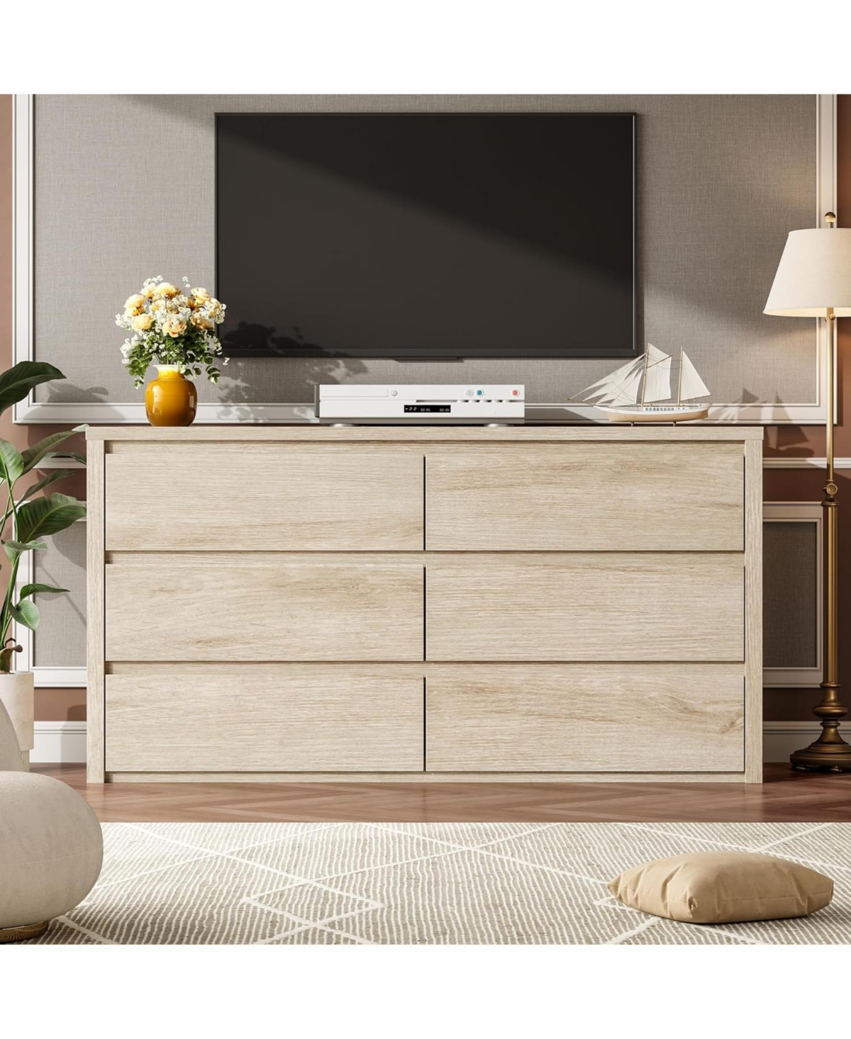 homfan Modern Handle-Free 6 Drawer Dresser for Bedroom - Wide Wooden Chest of Drawers - Spacious Storage Cabinet for Living Room, Hallway, Entryway -