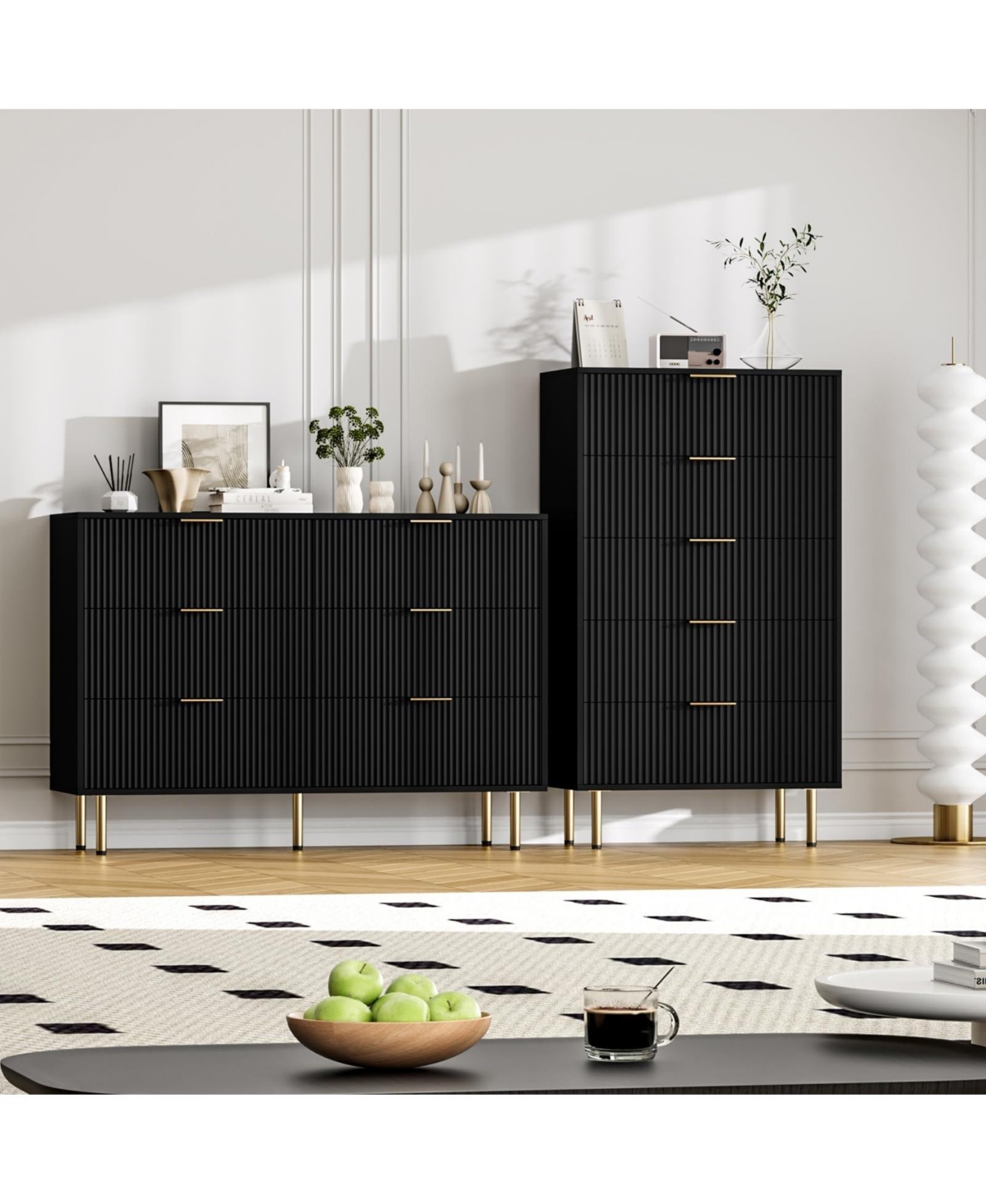homfan Fluted Wood Dresser 6 Drawers for Bedroom, Large Modern Chest of Drawers, with Faux Marble Top and Handle