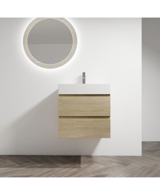 23.6 Inch Wall Mounted Bathroom Vanity with Resin Sink, Soft Close Drawers, Wood Grain Plywood for Modern Bathrooms