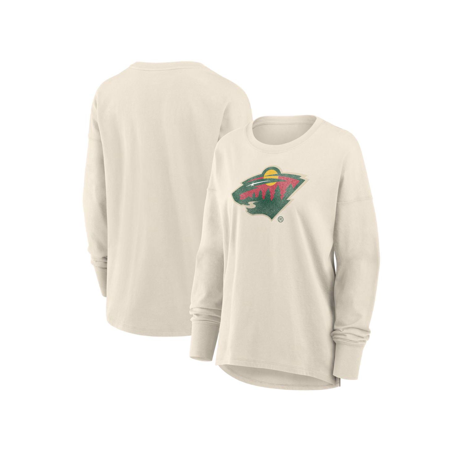 Women's Cream Minnesota Wild Distressed Logo Long Sleeve T-Shirt