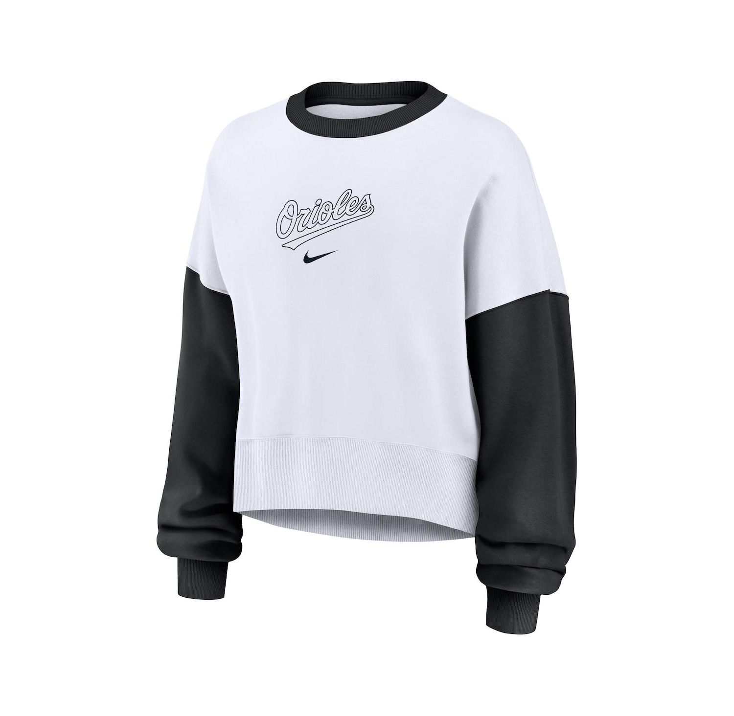 Women's White/Black Baltimore Orioles Oversized High Hip Fleece Sweatshirt