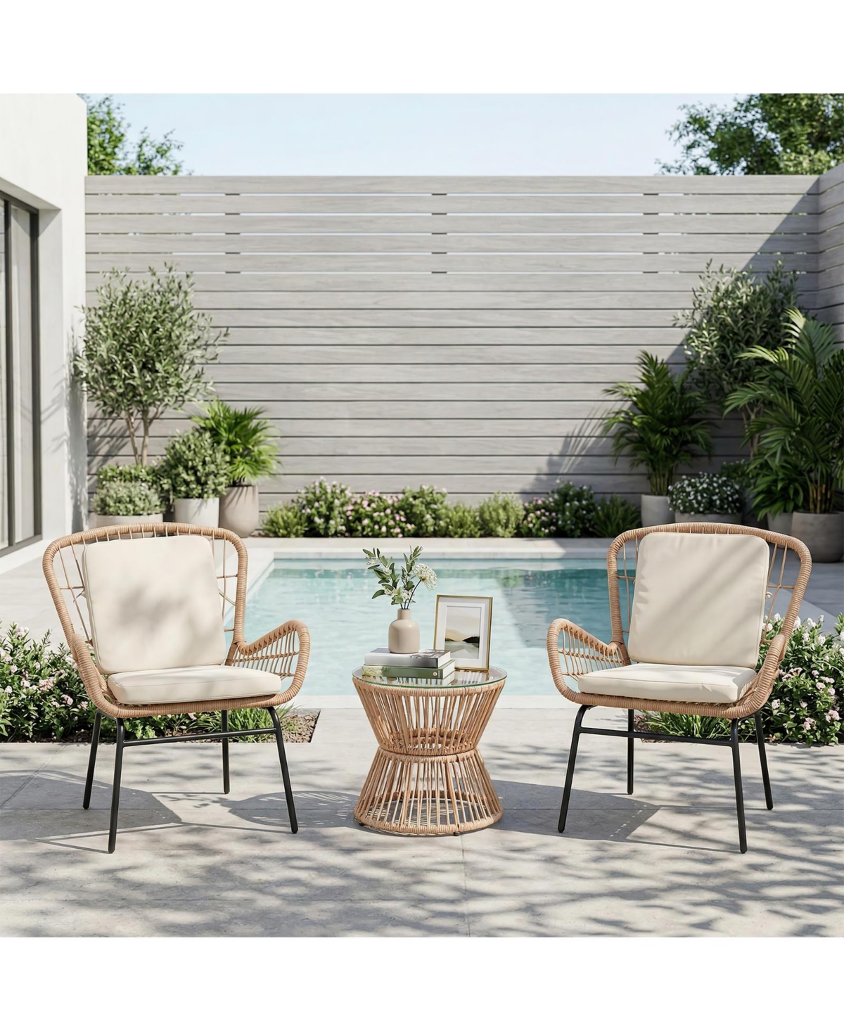 gaomon 3 Piece Outdoor Rattan Patio Bistro Set with Glass Top Table and 2 Chairs, All Weather Patio Furniture for Backyard, Poolside, Porch, Balcony